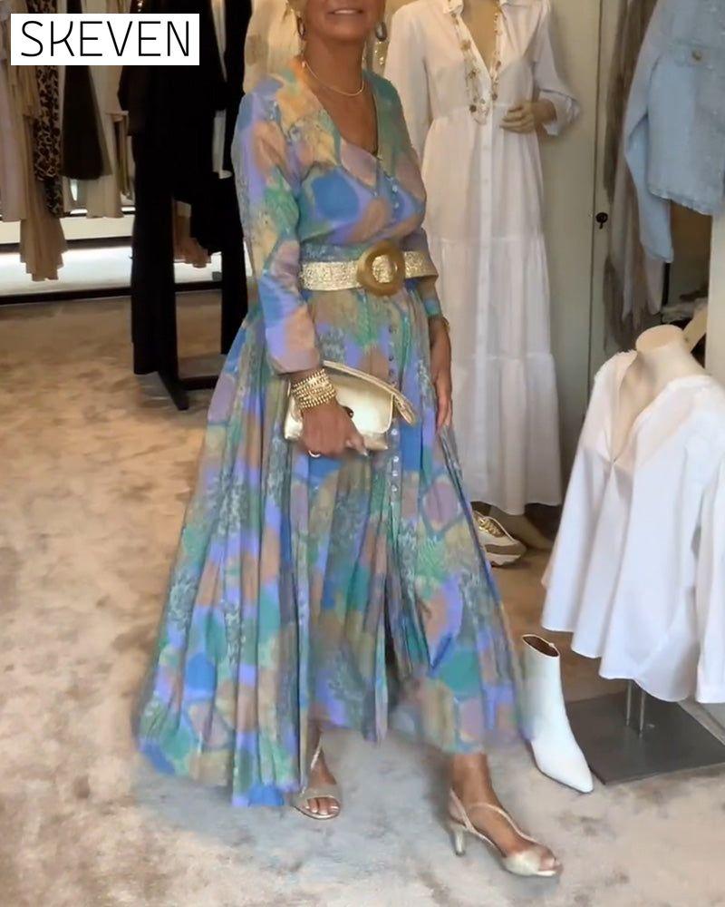 Vintage printed button slit long sleeve dress
