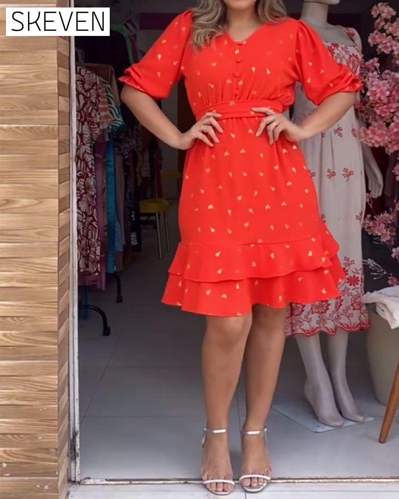 Lässiges Kurzarmkleid mit V-Ausschnitt und Print