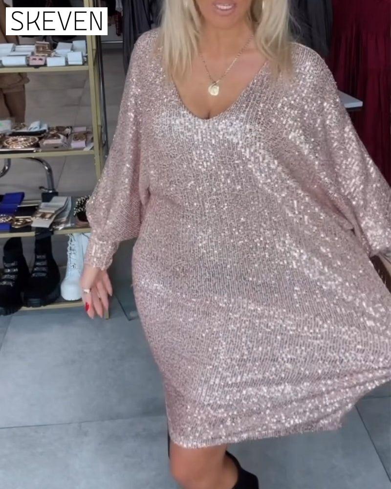 Batwing Sleeve Deep V Sequin Dress