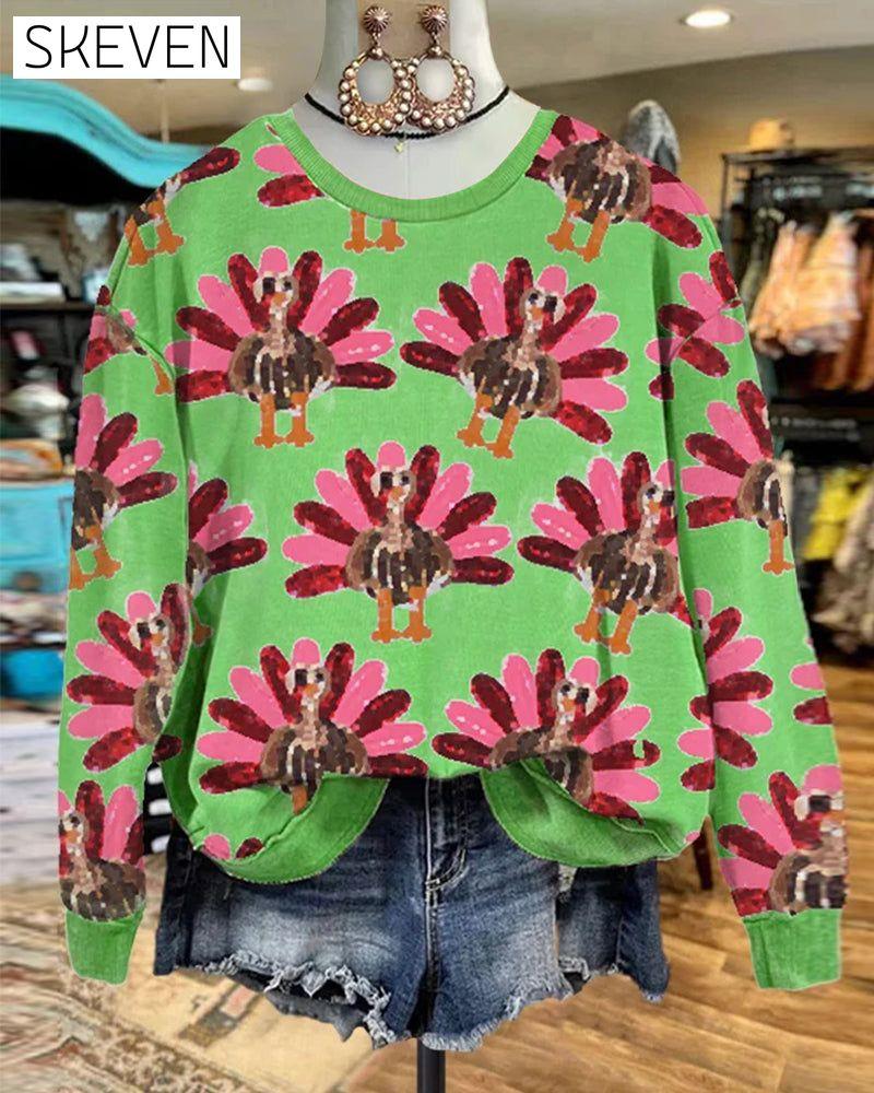 Elegant Contrasting Turkey Print Sweatshirt sweatshirts thanksgiving