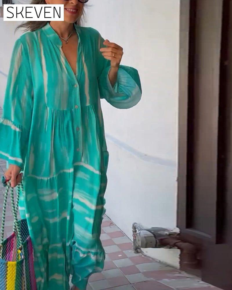 Casual V-neck flare sleeve loose long dress