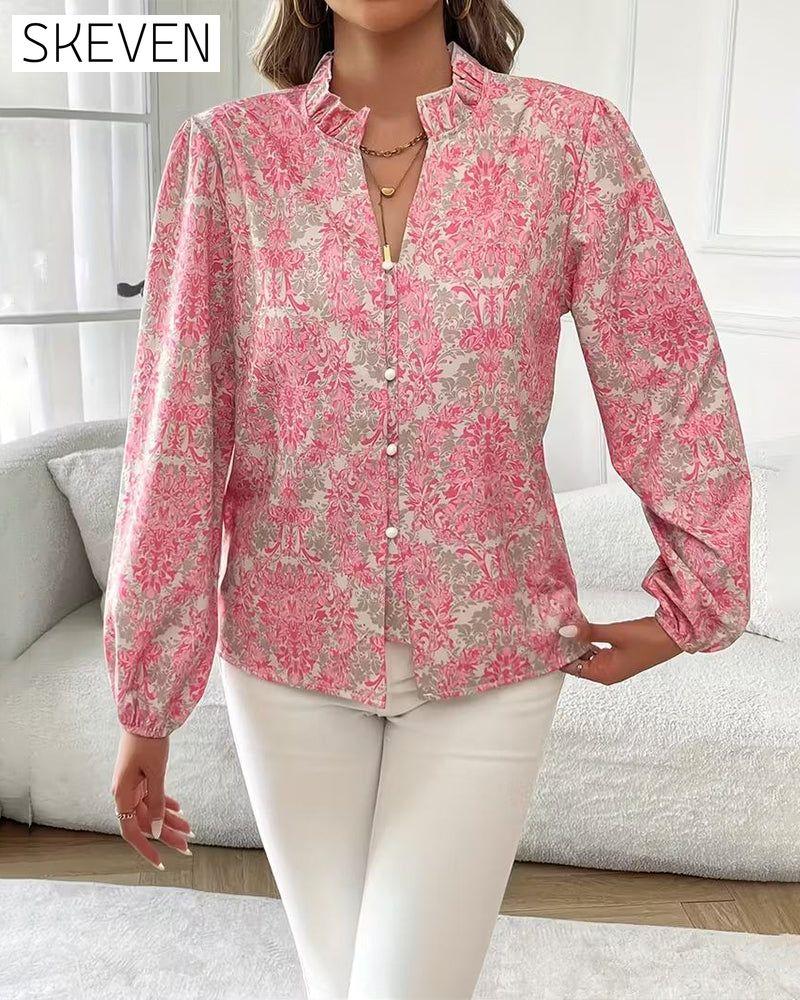 Printed Ruffled Collar Blouse