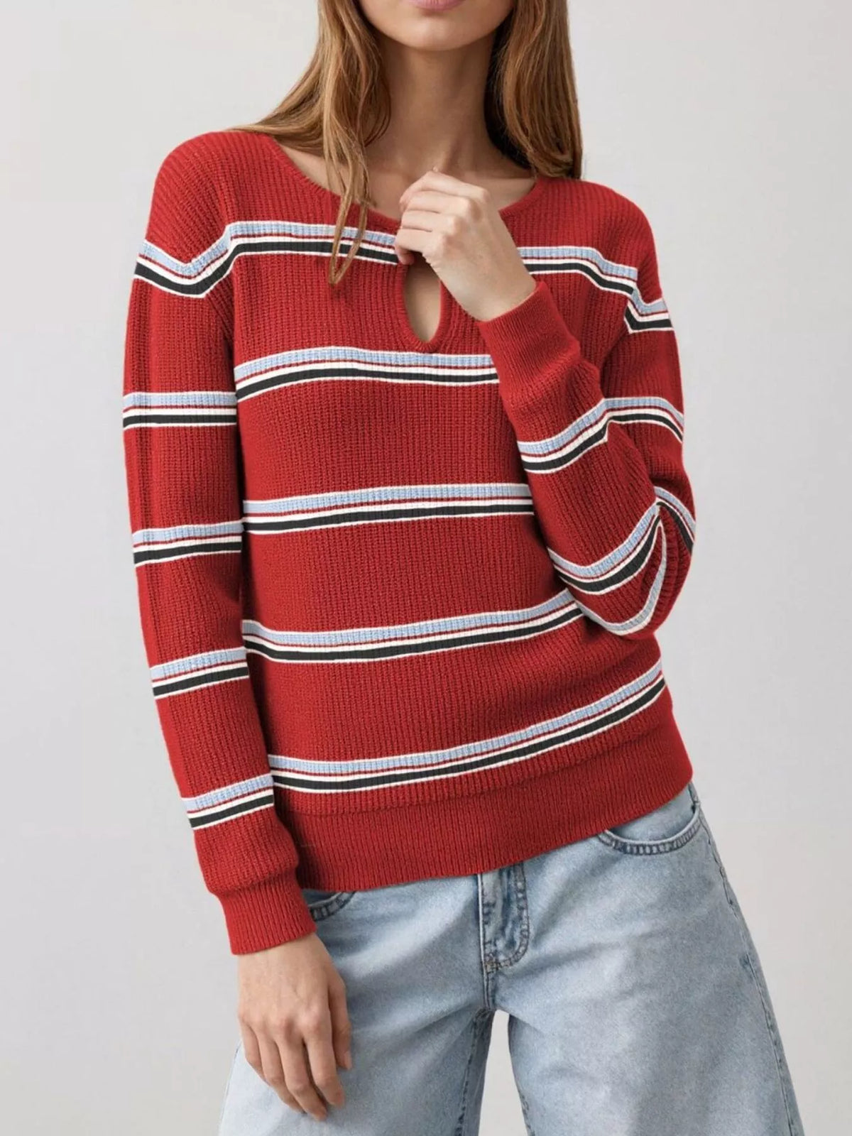 Striped Ribbed Knit Top with Keyhole Neckline