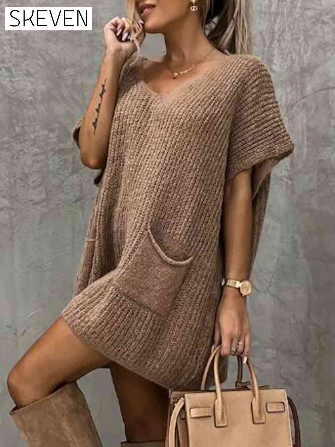 Short Sleeve Sweater Dress with Pockets A@Y@M clothes Ship From Overseas