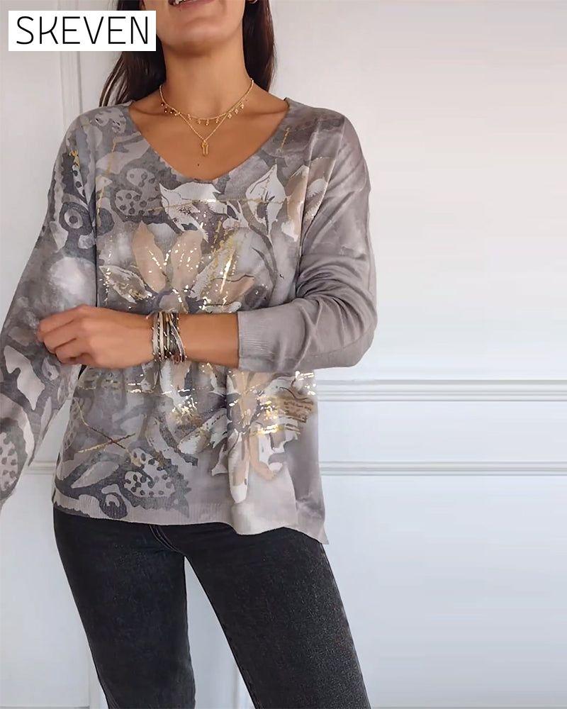 Vintage-Top mit Blumenmuster, V-Ausschnitt und langen Ärmeln