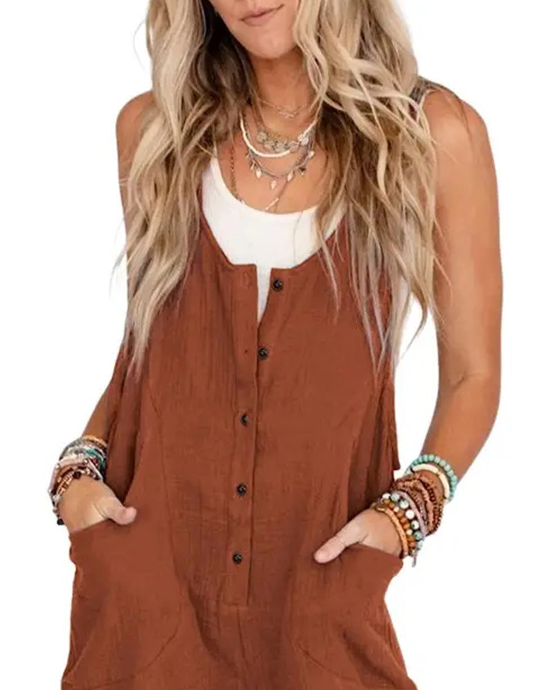 Button Decorative Pocket Casual Jumpsuits