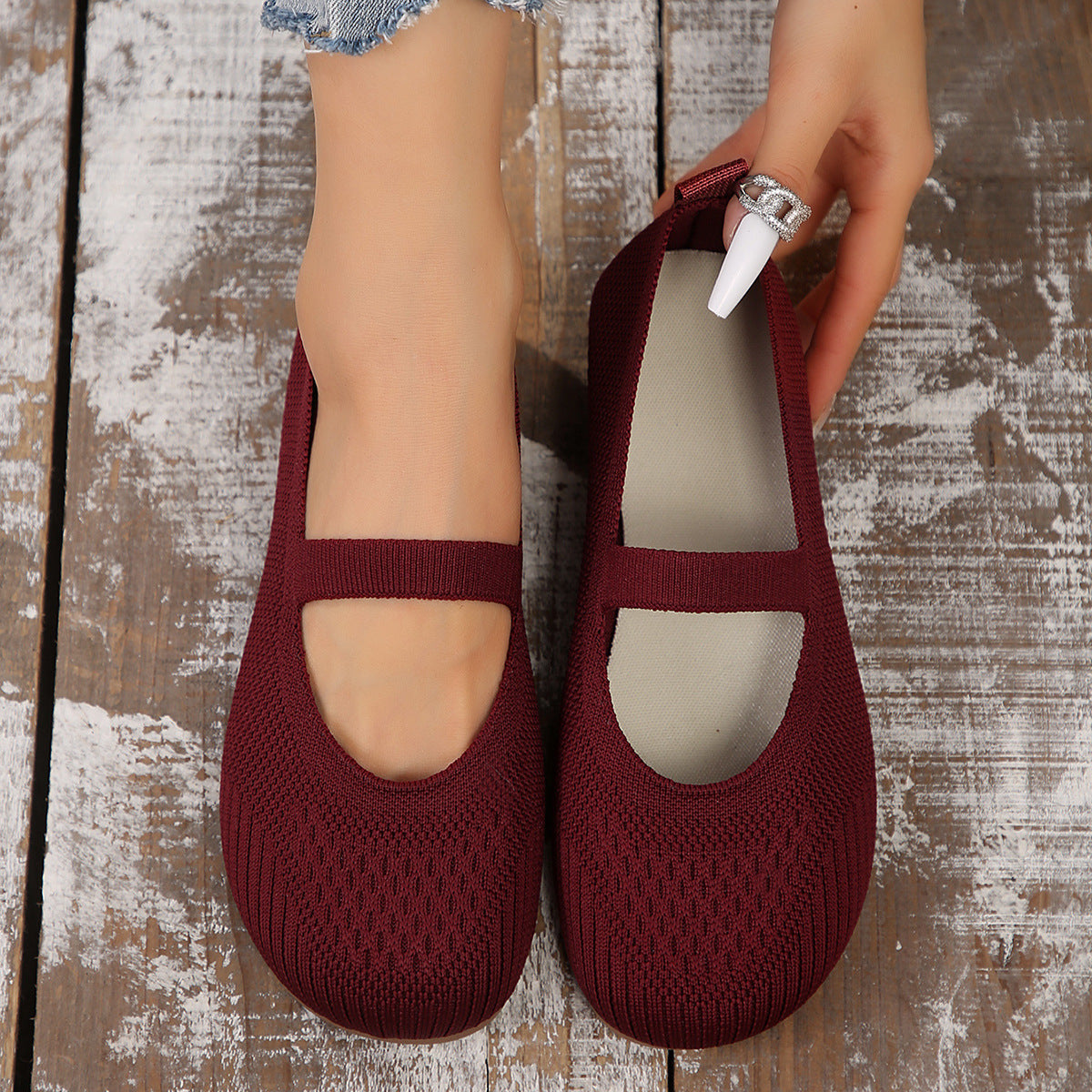 Women's Flat Bottom Pumps Round Toe Shallow Mouth Low-top Slip-on Flyknit