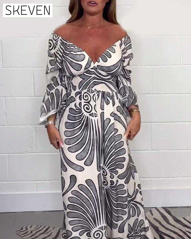 Deep V retro printed bell sleeve loose jumpsuit jumpsuits & rompers spring summer