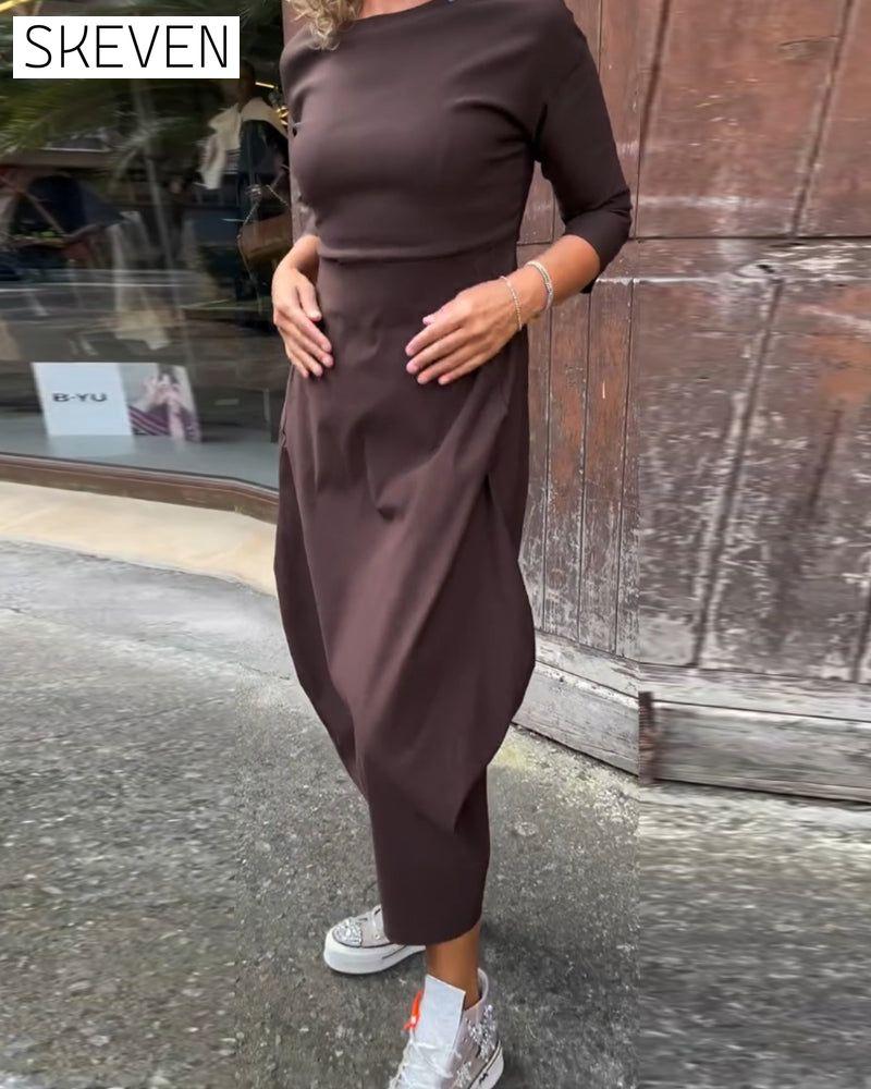 Simple solid color pocket long sleeve elegant dress