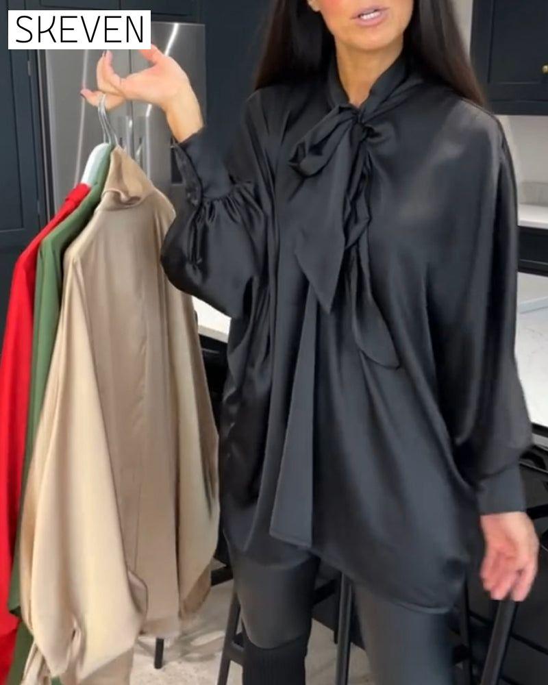Ribbon collar solid color and elegant blouse