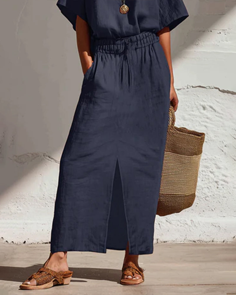 Relaxed Short Sleeve Split Skirt Two-Piece Set
