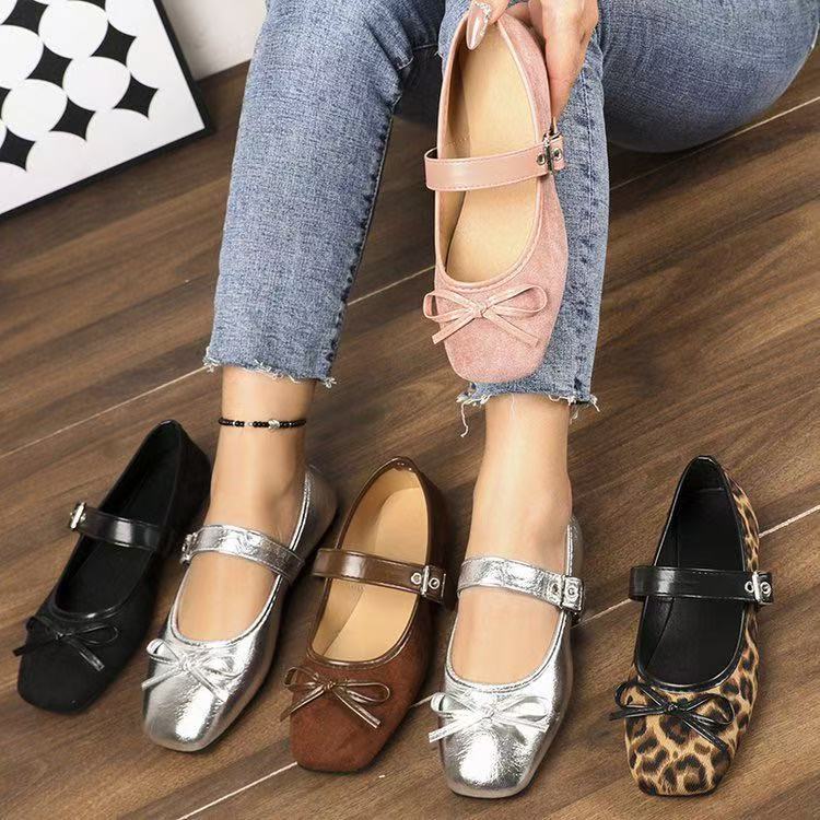 Mary Jane Women's French-style Large-size Square-toe Flat Shoes With A Bow Detail