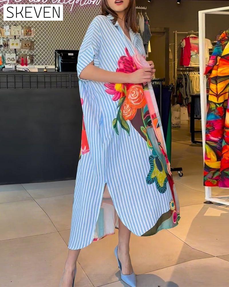 Bluse mit vertikalen Streifen und Charakterprint, Reversschlitz