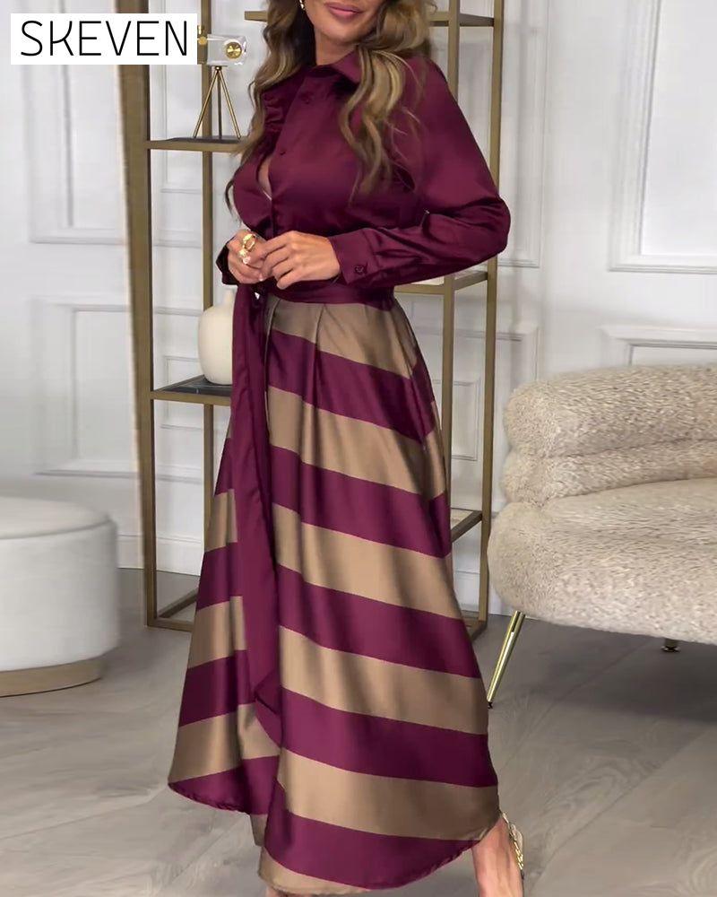 Elegant striped printed lapel strap dress 2024 f/w casual dresses spring