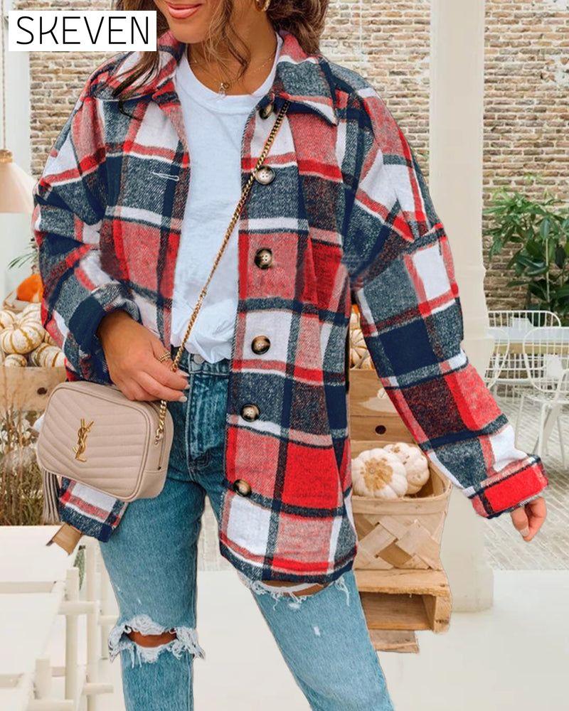 Casual plaid print button lapel jacket