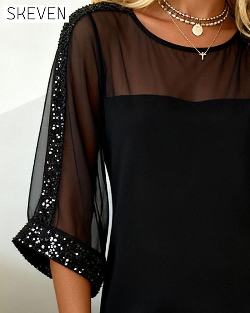 Paillettenbesetztes Kleid mit Mesh-Einsätzen und Rundhalsausschnitt