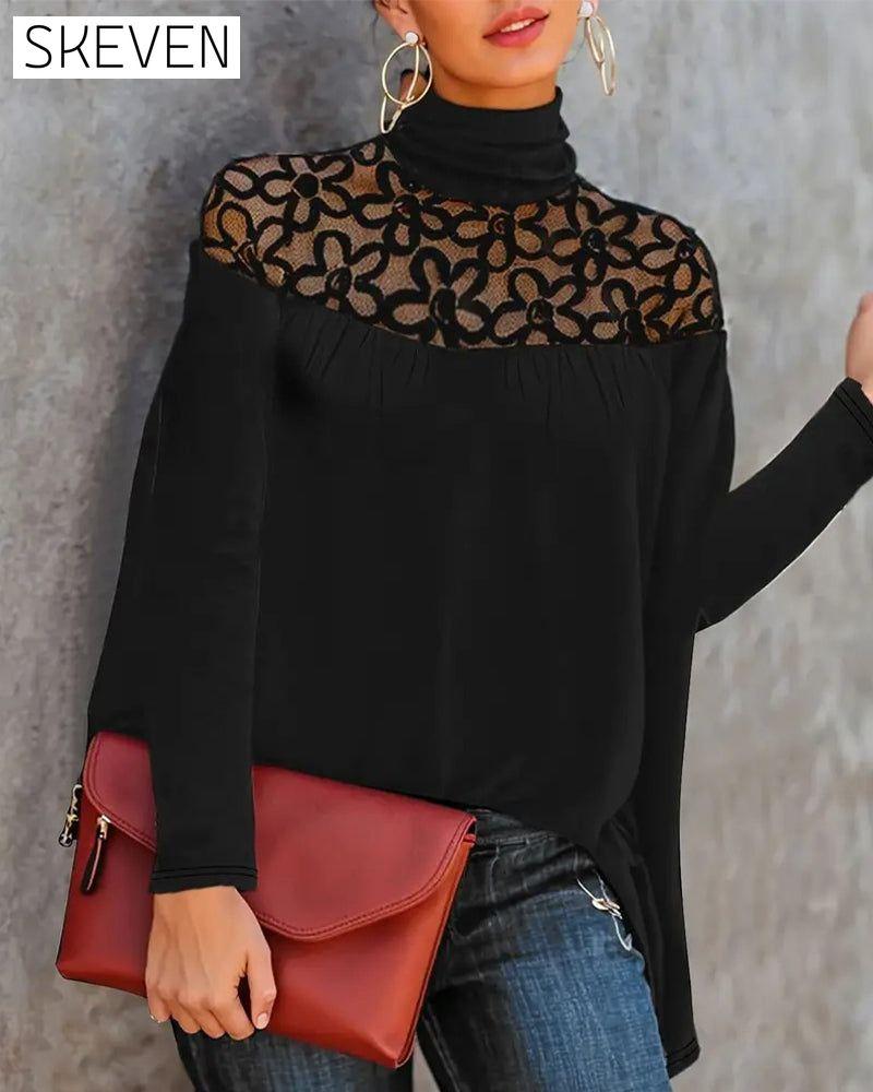 Turtleneck Lace Sheer Knit Top