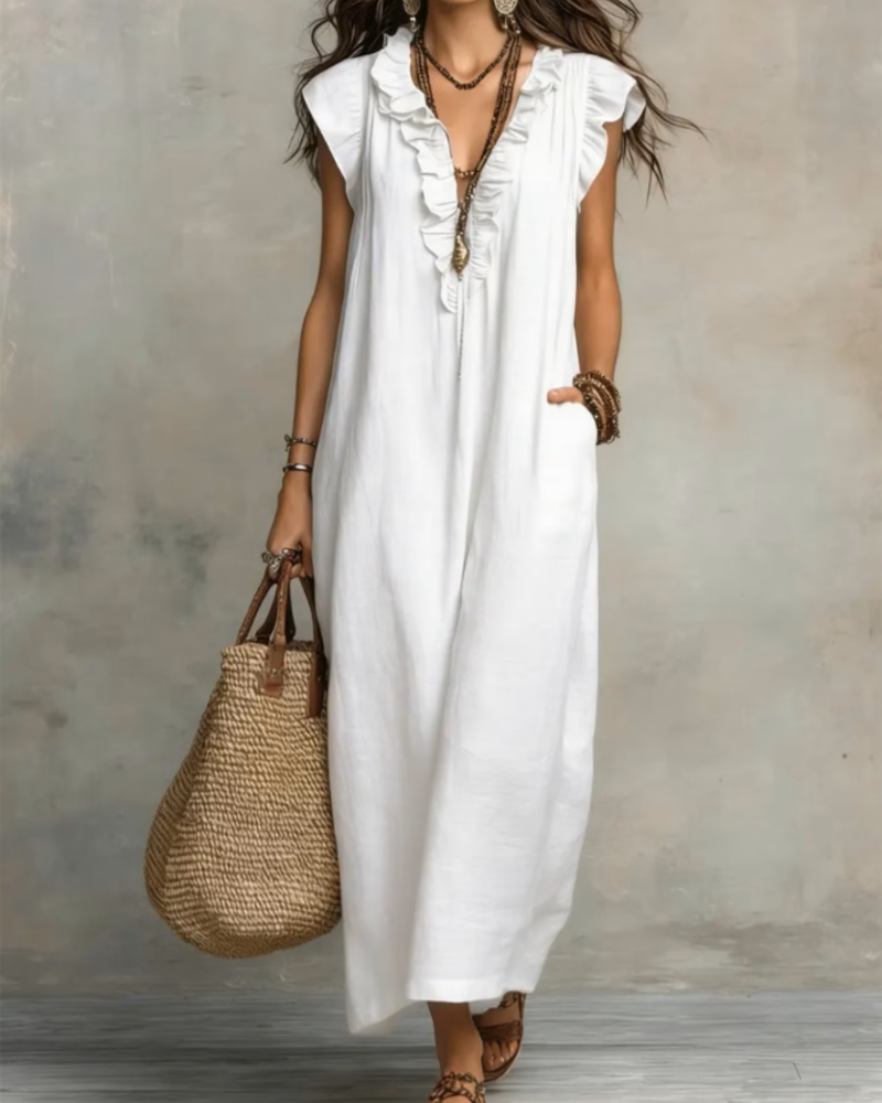 V-Neck Ruffled Sleeveless Long Dress