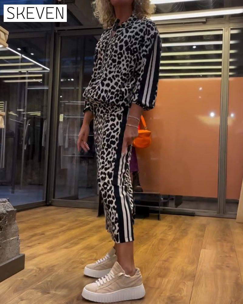 Leopard print striped skirt two-piece set