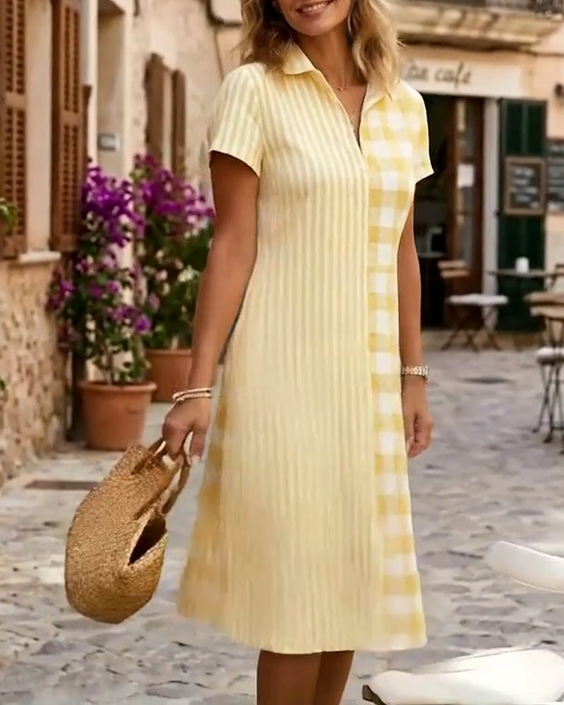 Plaid And Stripe Patchwork Shirt Dress