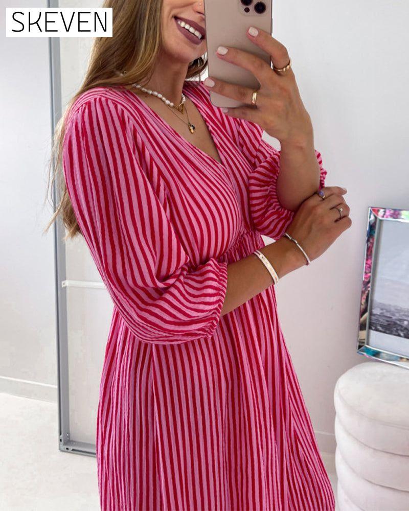 V-neck Lantern Sleeve Striped Dress
