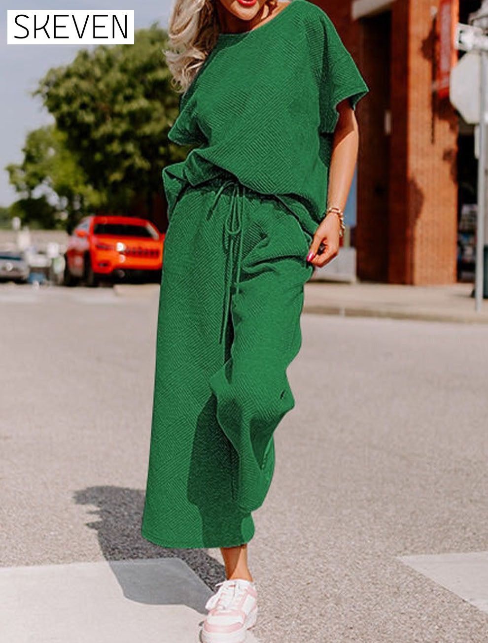 Dark Green Textured Loose Fit T Shirt and Drawstring Pants Set 2 pieces Best Sellers clothes EDM Homewear EDM Monthly Recomend Fabric Ribbed lounge wear Occasion Home pants set Print Solid Color Season Summer sets Silhouette Wide Leg Style Casual