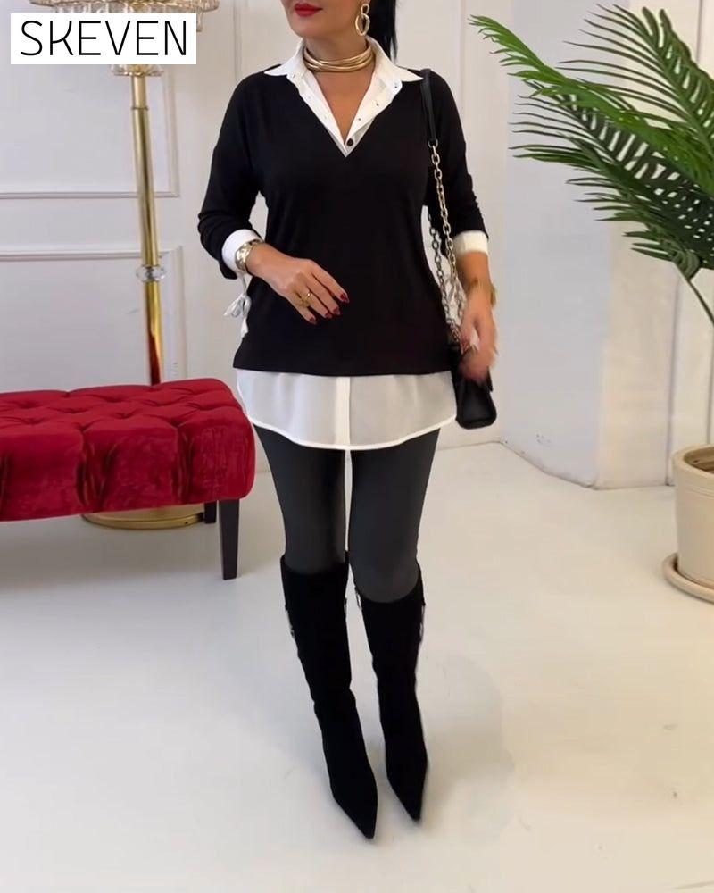 Reverskragen-Top mit schwarz-weißem Patchwork-Muster
