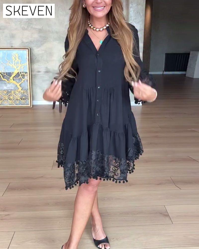 Casual Lace Solid Color V-Neck Dress