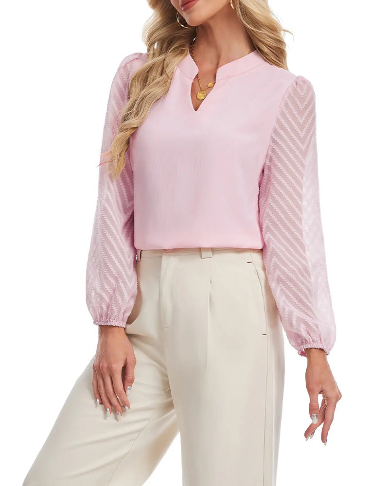 Stand Collar Long Sleeve Textured Mesh Blouse