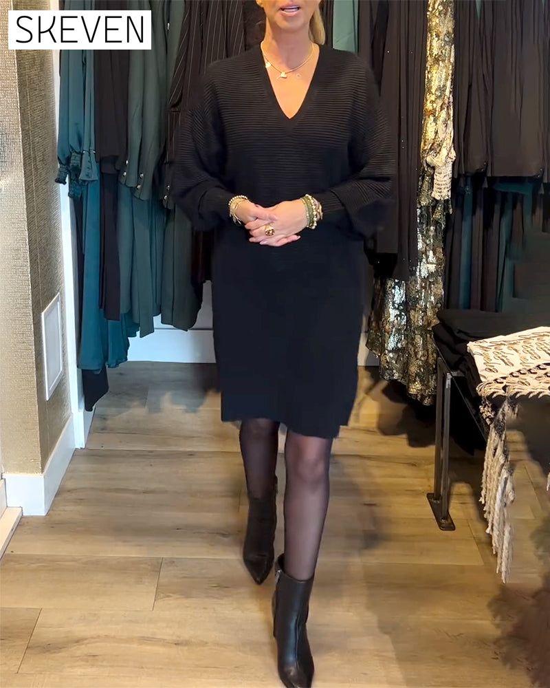 V-Neck Solid Color Sweater Dress