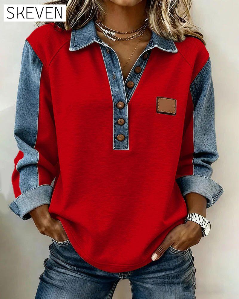 Sweat-shirt à manches longues en patchwork de denim élégant