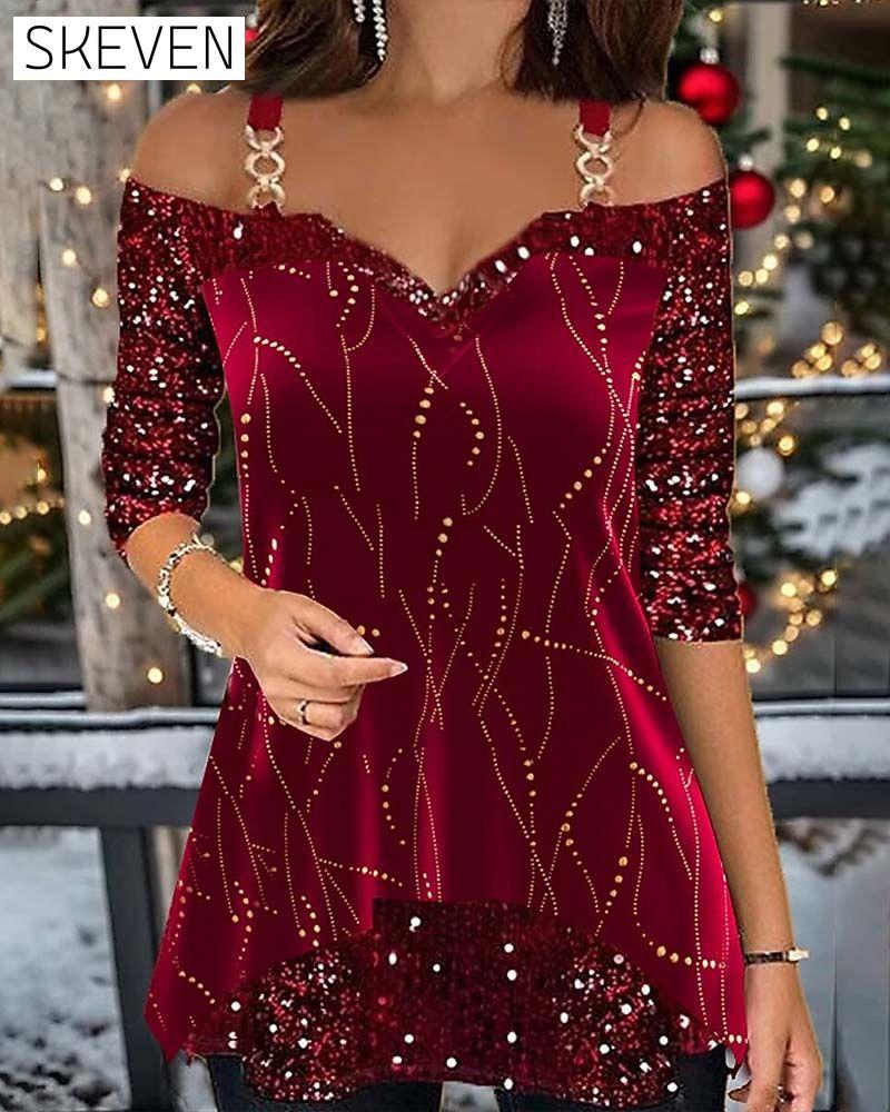 Haut à sequins à épaules dénudées et manches longues