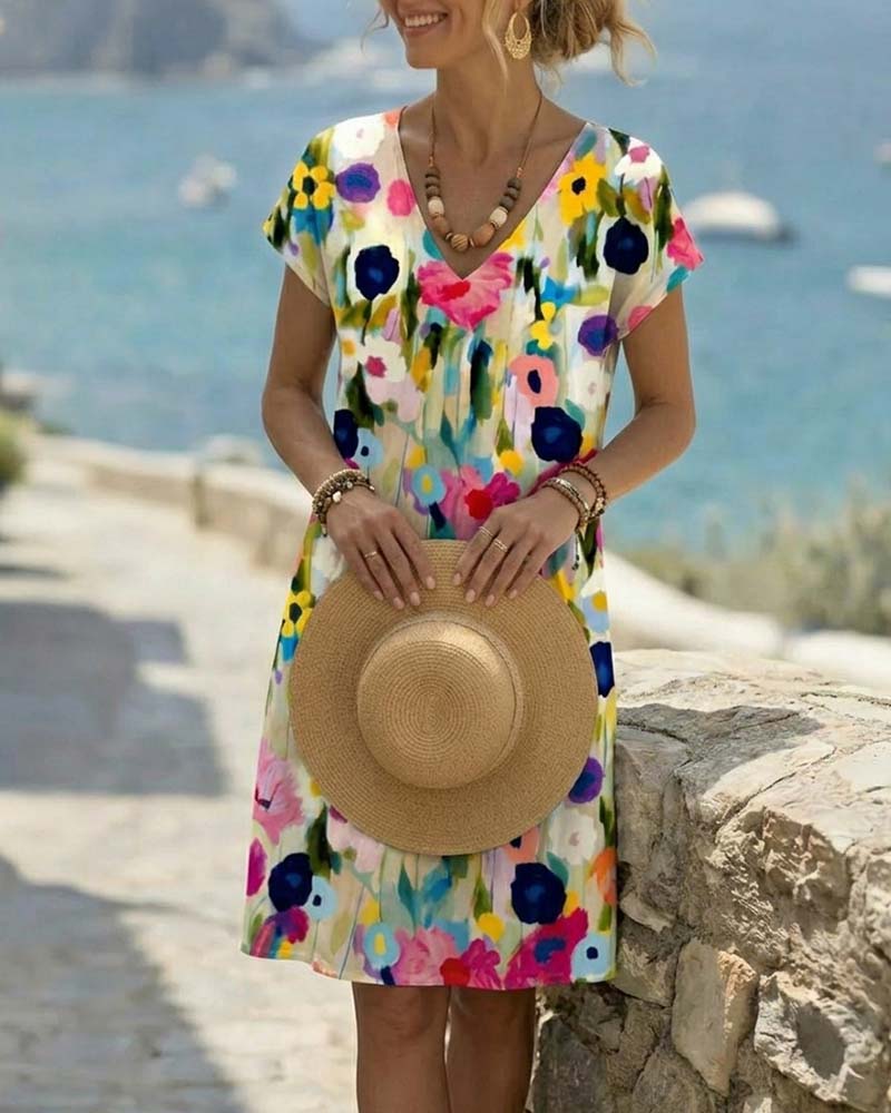 Oil Painting Floral Print Short Sleeve Dress