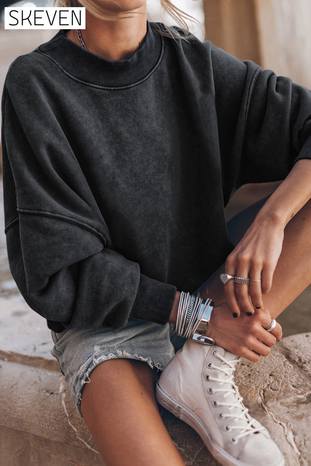 Black Drop Shoulder Crew Neck Pullover Sweatshirt All In Stock Best Sellers clothes Craft Washed EDM Monthly Recomend Hot picks Occasion Daily Print Solid Color Season Winter Style Casual Sweater sweaters Sweatshirt