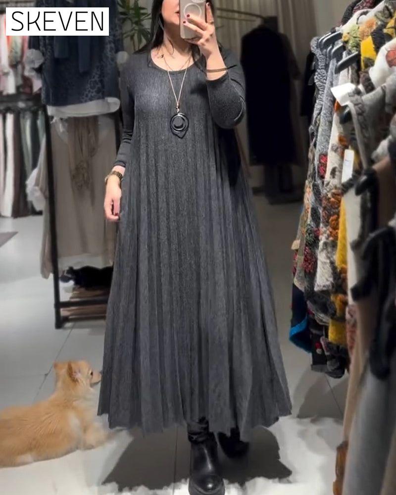 Round Neck Pleated Loose Long Dress