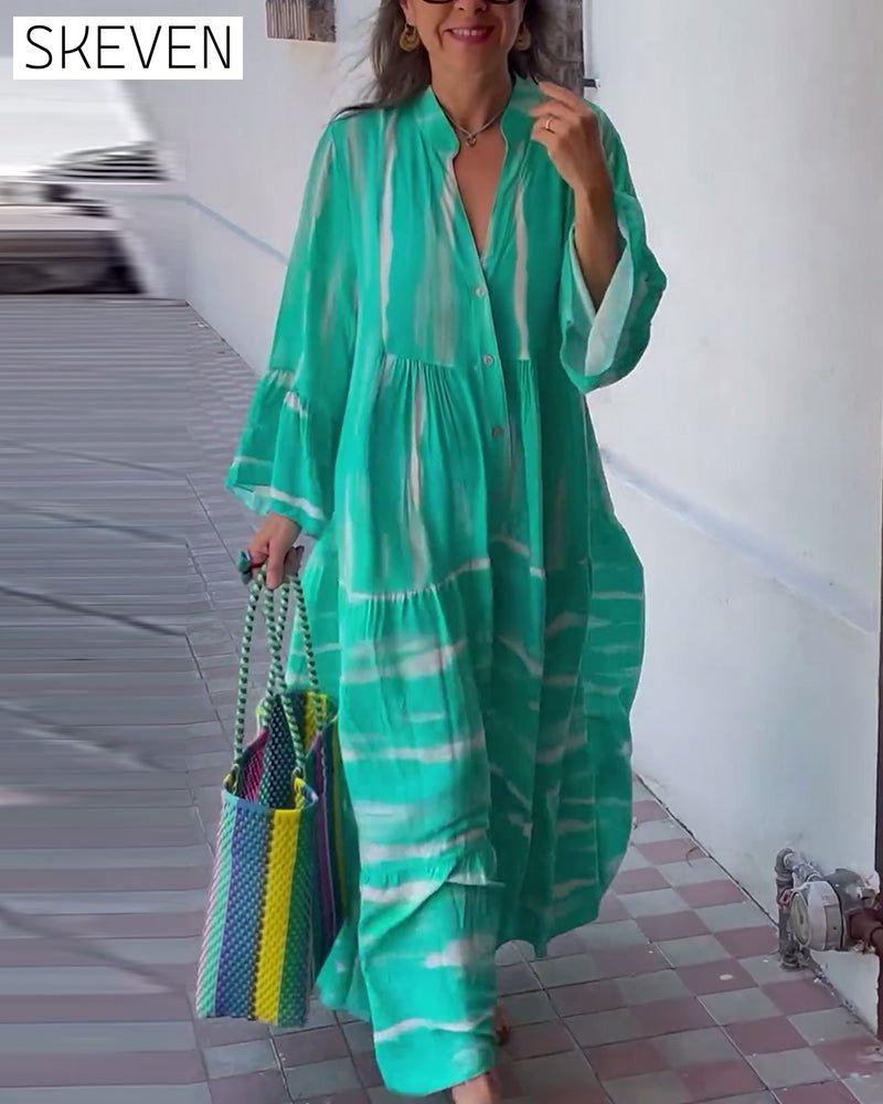Casual V-neck flare sleeve loose long dress