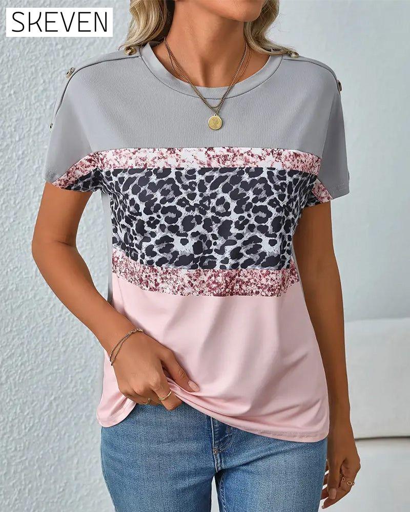 Rundhals-T-Shirt mit Leopardenmuster und Farbblock-Design
