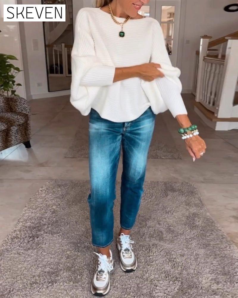 Lantern Sleeve Solid Color Sweater