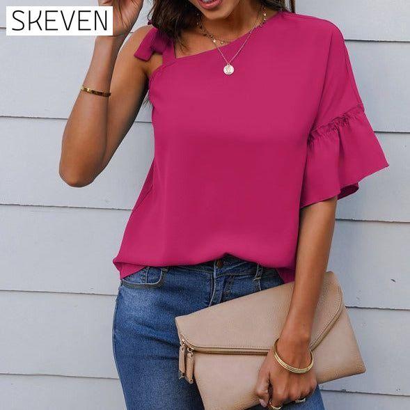 Women's fashion diagonal collar Ruffle Sleeve Chiffon Top clothes off the shoulder shirt shirt shirts short sleeve short sleeve shirt short sleeve top tops Tops/Blouses