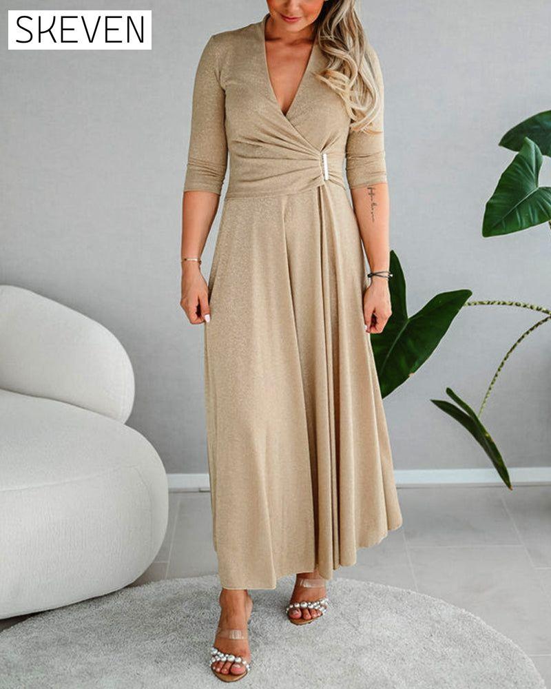 Elegant solid color V-neck three-quarter sleeve dress 2023 f/w casual dresses spring