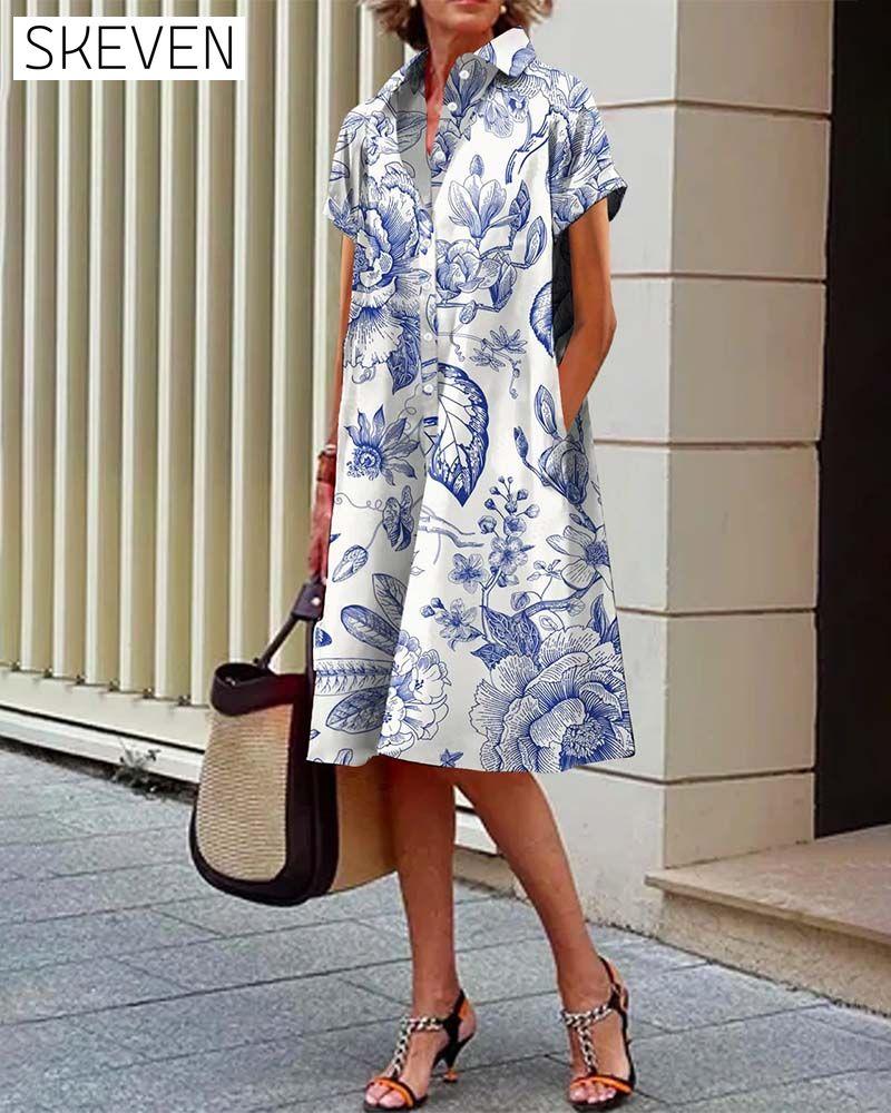 Casual elegant printed dress with lapel pockets