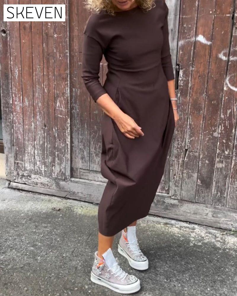 Simple solid color pocket long sleeve elegant dress