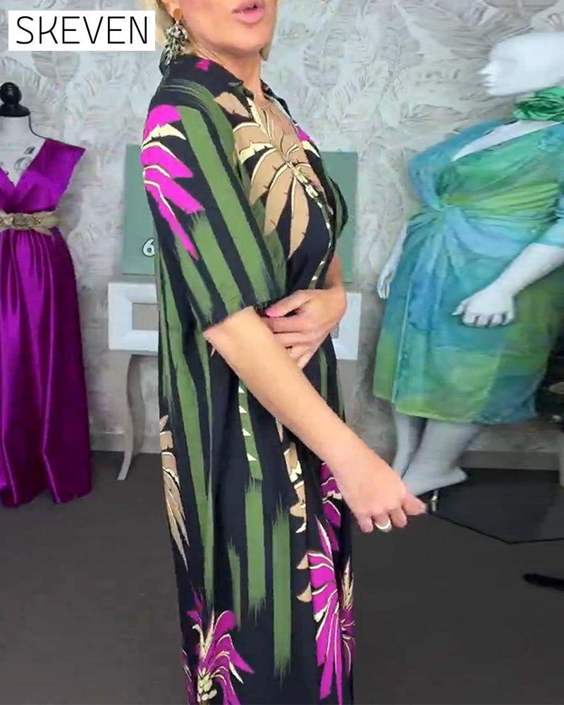 robe décontractée à imprimé feuilles, fente, manches courtes et ample