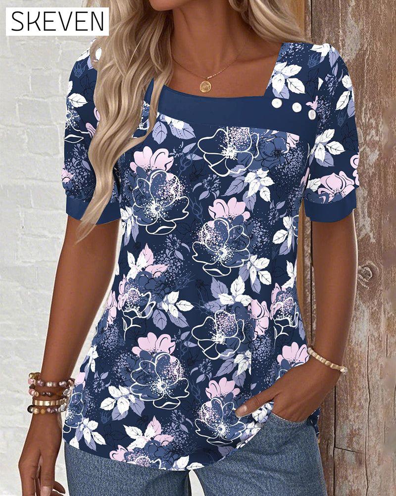 Off-Shoulder Short-Sleeved Printed Blouse