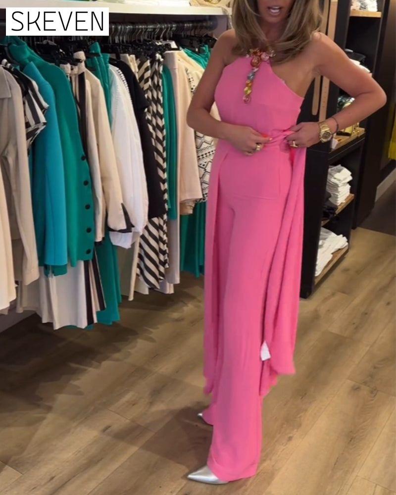 Halter neck slit solid color two piece set