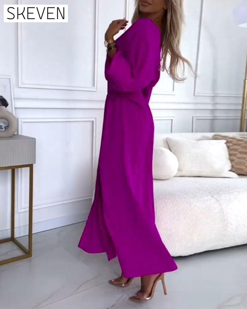 Elegant solid color V-neck slit long sleeve dress