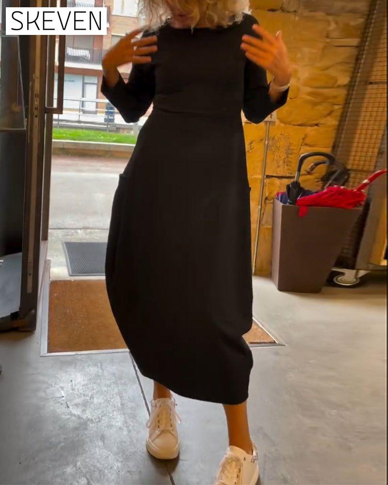 Solid color round neck long sleeve pocket dress