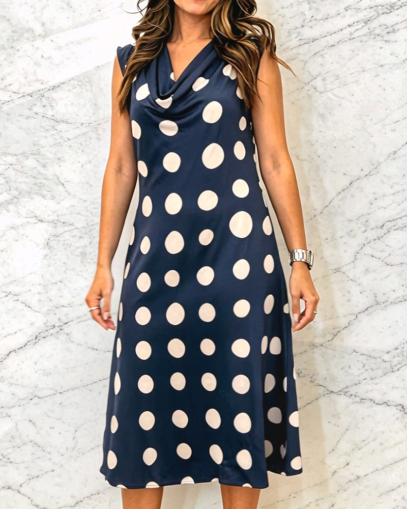 Sleeveless Pattern Polka Dot Cowl Neck Dress