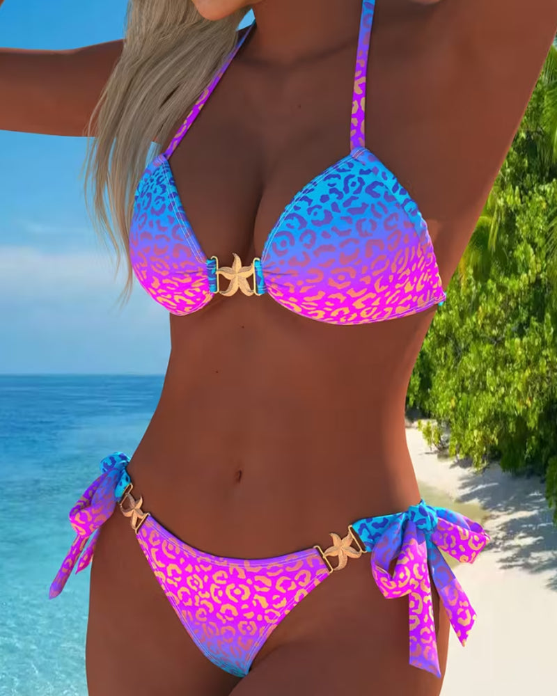 Halter Leopard Print Metal Buckle Bikini