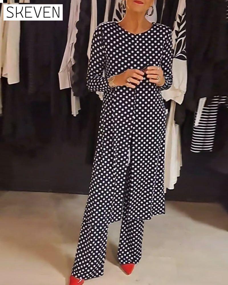 Elegant polka dot slit suit spring summer two-piece sets
